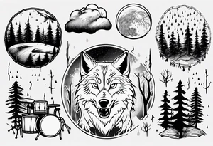 thunderstorm over a forest with a wolf howling on drums tattoo idea