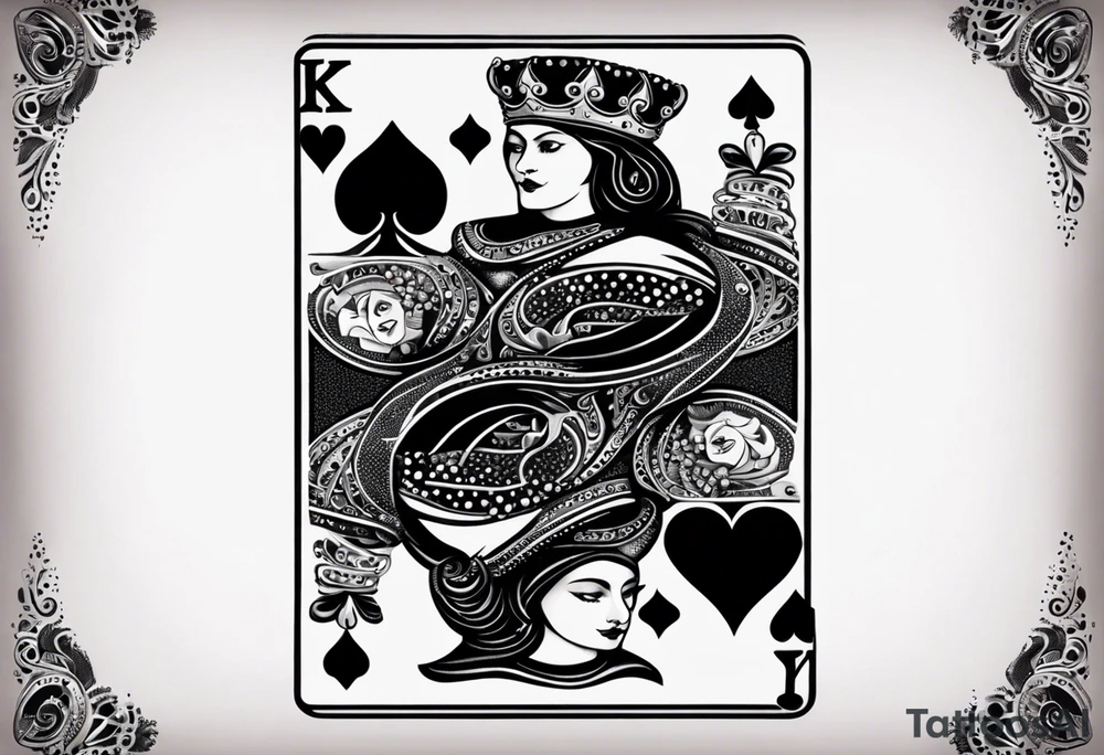 one playing card with both queen of hearts and king of spades tattoo idea