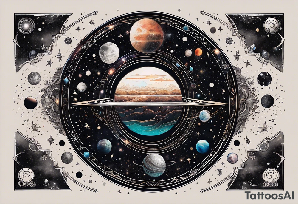 A tattoo featuring a cosmic scene with planets, black holes, and supernovae intertwined with intricate linguistic symbols, reflecting the client's interests in cosmology and linguistics. tattoo idea
