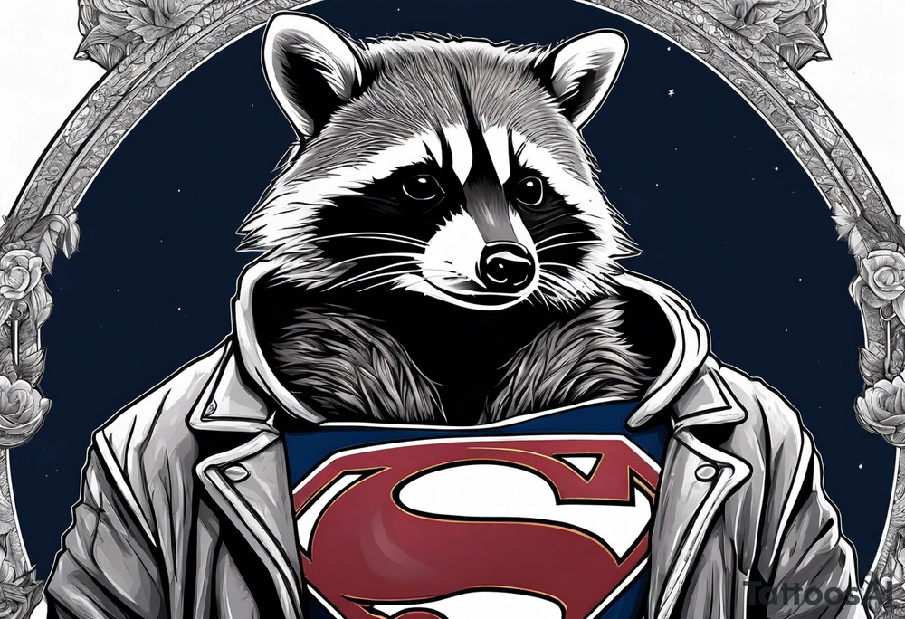 raccoon wearing a Superman hoodie tattoo idea