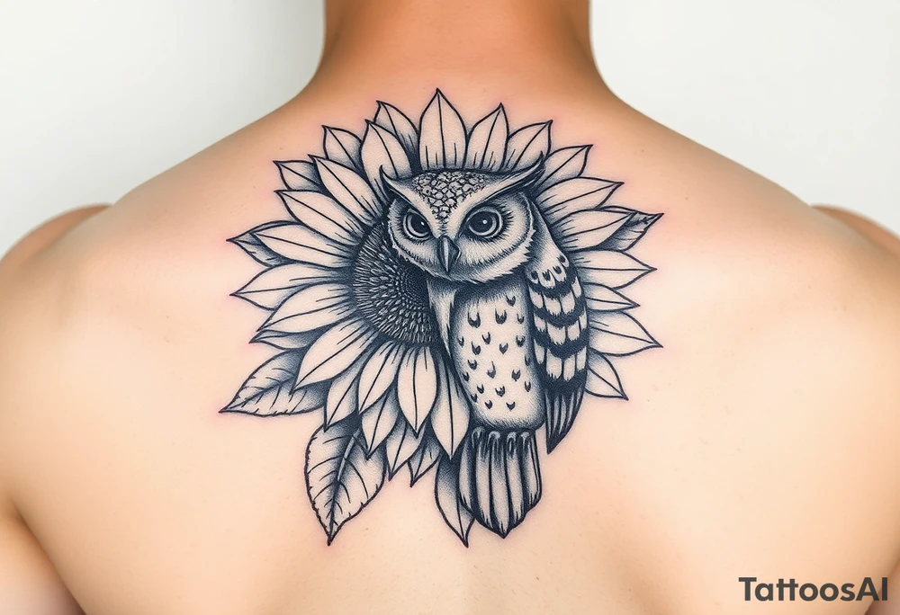 Sunflower and whimsical owl design tattoo idea