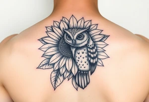 Sunflower and whimsical owl design tattoo idea