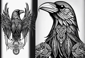 Black and white odins raven in a Norse rune style for placement on the neck with the ravens wings going up the sides of the neck. Norse knots and runes throughout tattoo idea