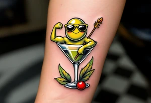 Pickled Martini Olive – A tough-looking green olive flexing its arms, wearing sunglasses, lounging in a martini glass. Add a red pimento core and a skewer like a spear. tattoo idea