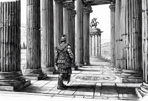 large Roman solider looking at distant pillars tattoo idea