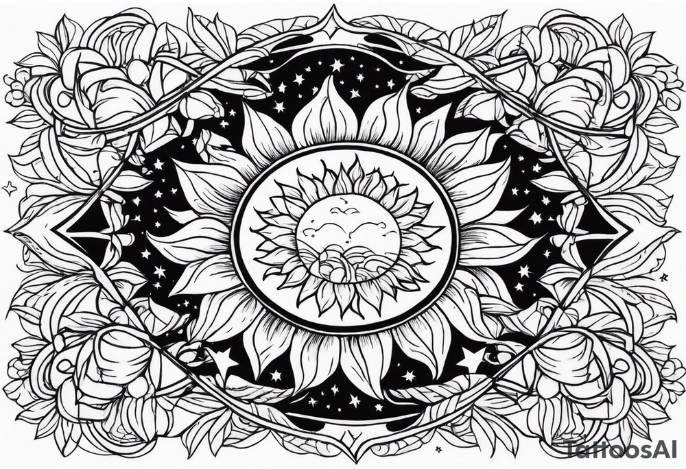Band sun tattoo with sunflowers and stars tattoo idea