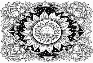 Band sun tattoo with sunflowers and stars tattoo idea