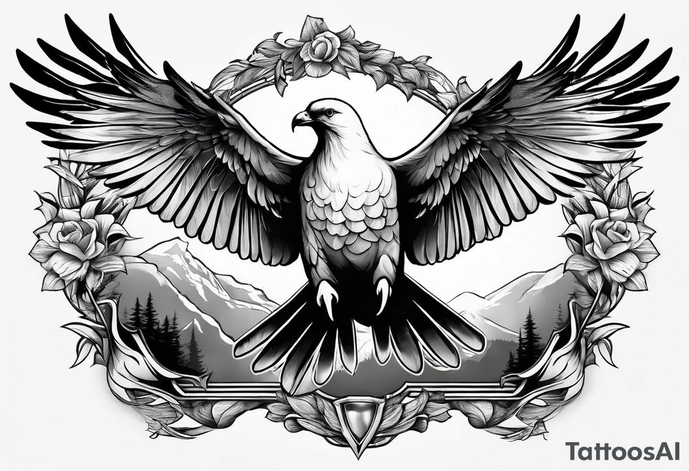 Dove sitting on a branch in the distance with an eagle flying tattoo idea