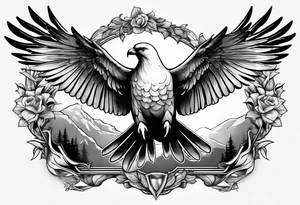 Dove sitting on a branch in the distance with an eagle flying tattoo idea