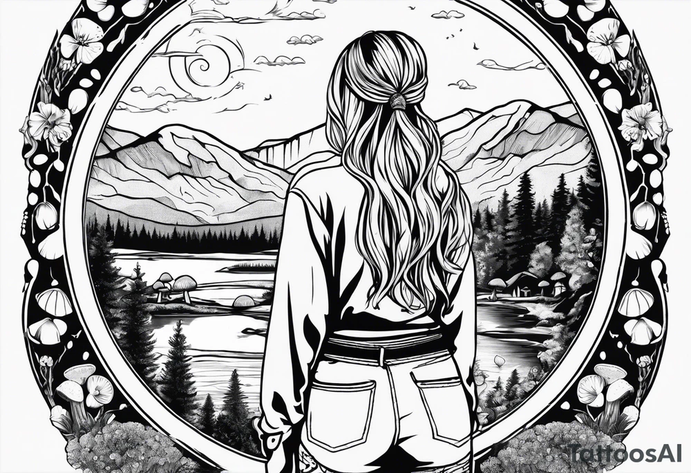Whole picture encircled fully

Straight long blonde hair hippie girl in distance holding mushrooms in hand facing away toward mountains and creek surrounded by mushrooms long sleeve shirt and hiking pants; whole rendering within a full circle, no cut off circle tattoo idea