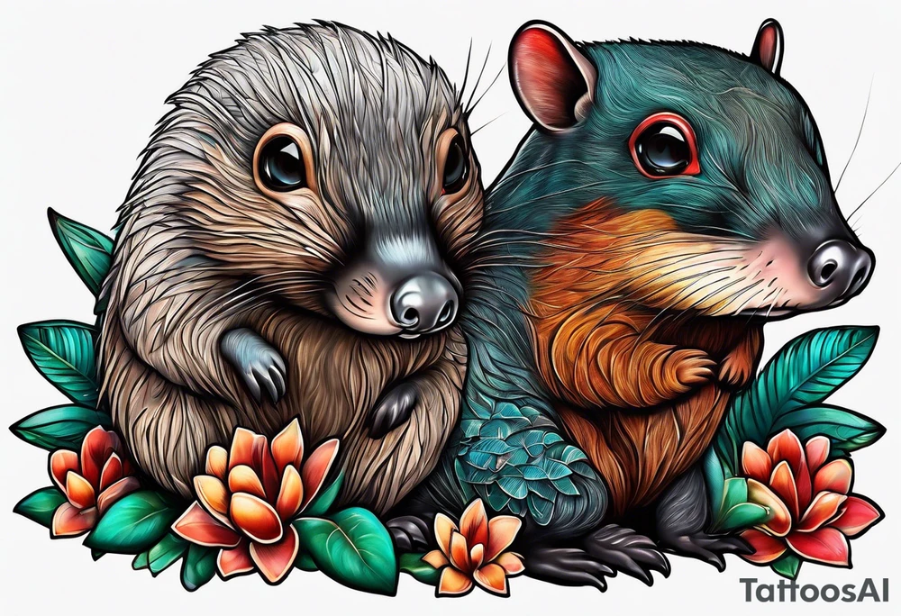 Australian Platypus, Echidna, Wombat & pygmy Sugar Glider together tattoo idea