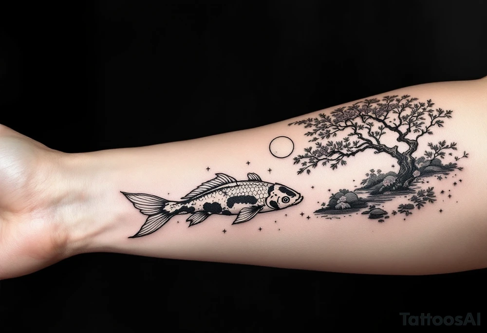 a koi fish swimming upstream in a pond moonlight by the full moon with a sakura tree by the pond tattoo idea