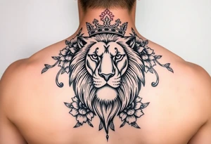 powerful majestic lion with a crown, surrounded by floral ornaments and birds tattoo idea