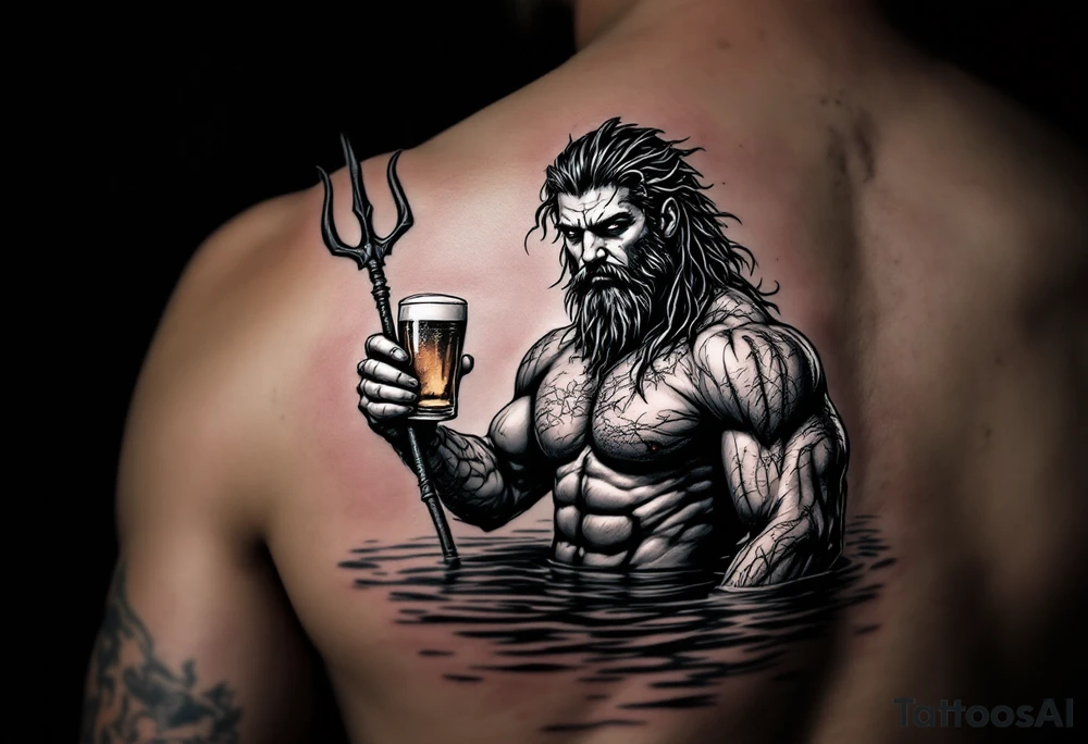 young, fit poseidon in calm water, holding a trident, holding a beer, looking at you tattoo idea