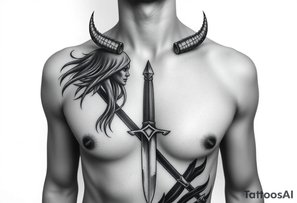 Feminine Tattoo dark female warrior with dagger and realistic horns just barley touching collarbone with a lot of shading tattoo idea