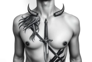 Feminine Tattoo dark female warrior with dagger and realistic horns just barley touching collarbone with a lot of shading tattoo idea