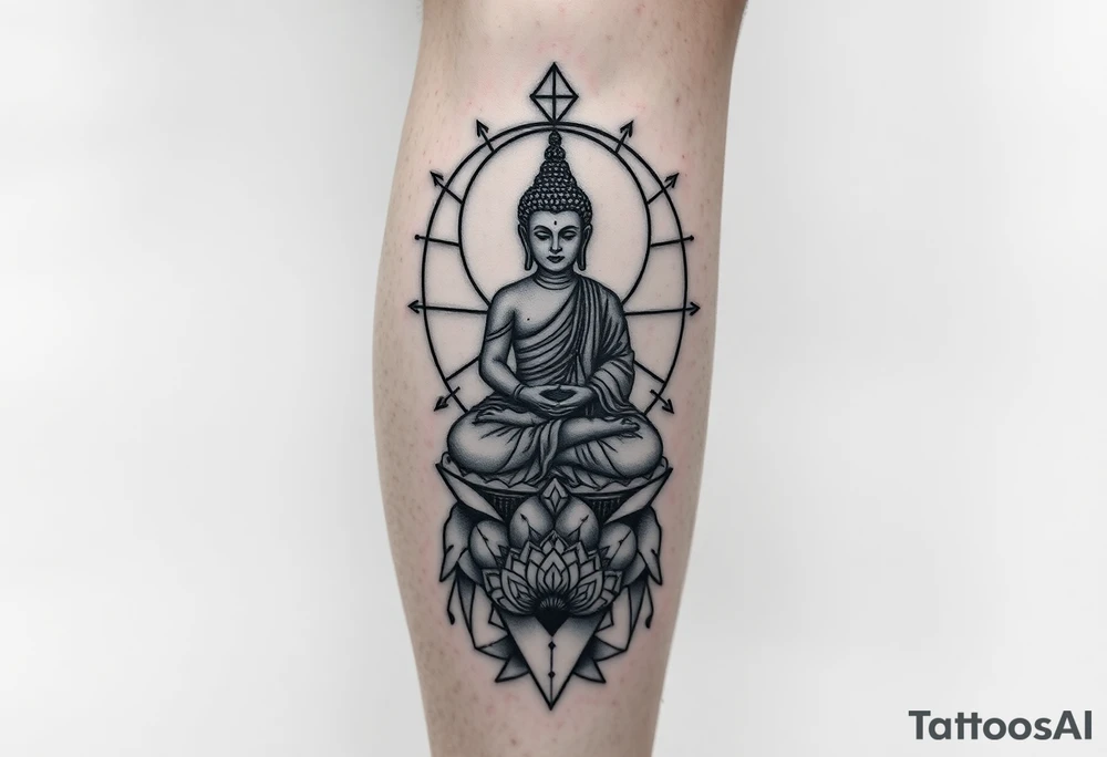 full leg tattoo with buddha above knee, using sacred geometry and space themes tattoo idea