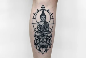 full leg tattoo with buddha above knee, using sacred geometry and space themes tattoo idea