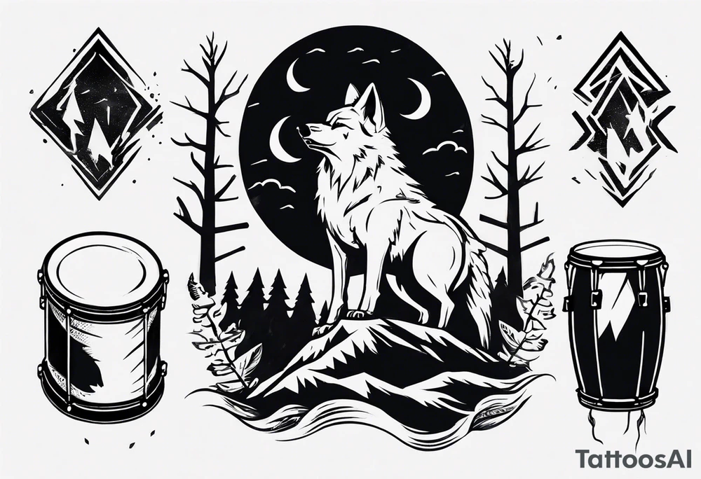 thunderstorm over a forest with a wolf howling on drums tattoo idea thunderstorm over a forest with a wolf howling on drums tattoo idea