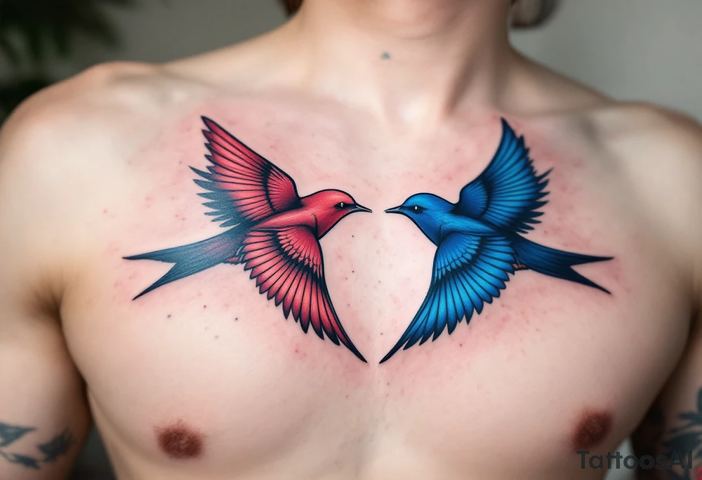 Stylized swallows in dusty rose and deep blue flying toward each other on the back shoulders signify freedom and loyalty. tattoo idea