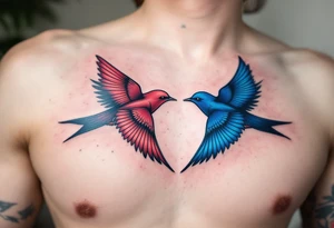 Stylized swallows in dusty rose and deep blue flying toward each other on the back shoulders signify freedom and loyalty. tattoo idea