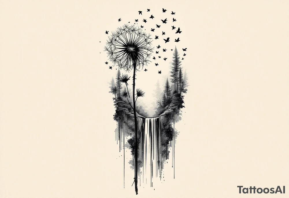 A dandelion with its leaves blowing away and turning into birds that fly up a waterfall tattoo idea