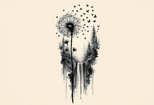 A dandelion with its leaves blowing away and turning into birds that fly up a waterfall tattoo idea