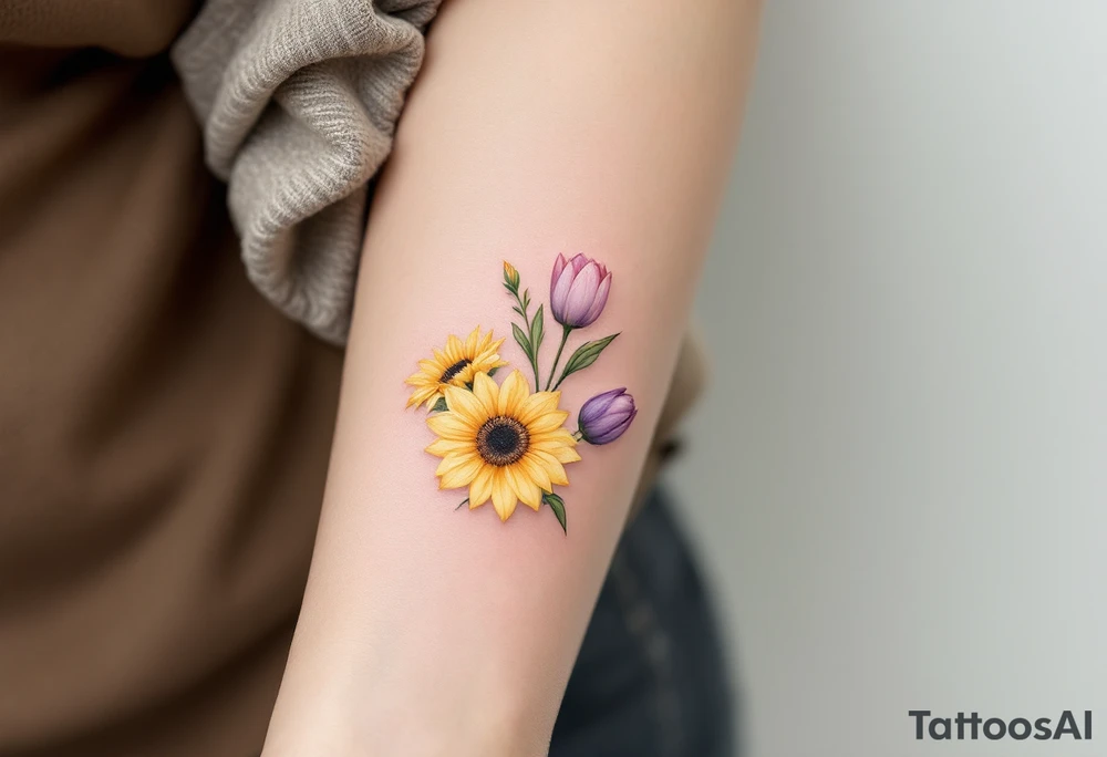 Small yellow sunflowers with two simple stargazer Lilly in pale pink and pale purple tulip buds in a dainty wildflower bouquet with light green stems. No outlines on the flowers. Include feminine stem lines. tattoo idea