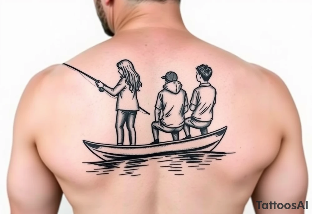 Dad fishing with 
1girl and 2 sons
With lake boat tattoo idea