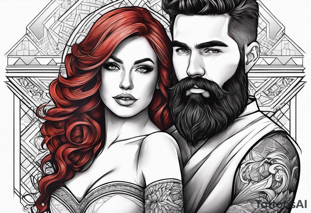 Busty red haired woman with a bearded man who has black hair getting married tattoo idea