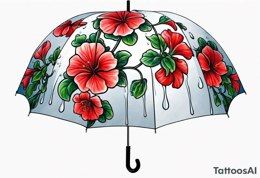 Upside down Umbrella with red geraniums with rain tattoo idea