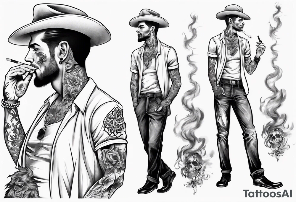 One handsome man, full-length, no hat, earrings in his ears stands smoking a cigarette tattoo idea