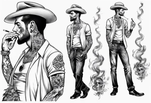One handsome man, full-length, no hat, earrings in his ears stands smoking a cigarette tattoo idea