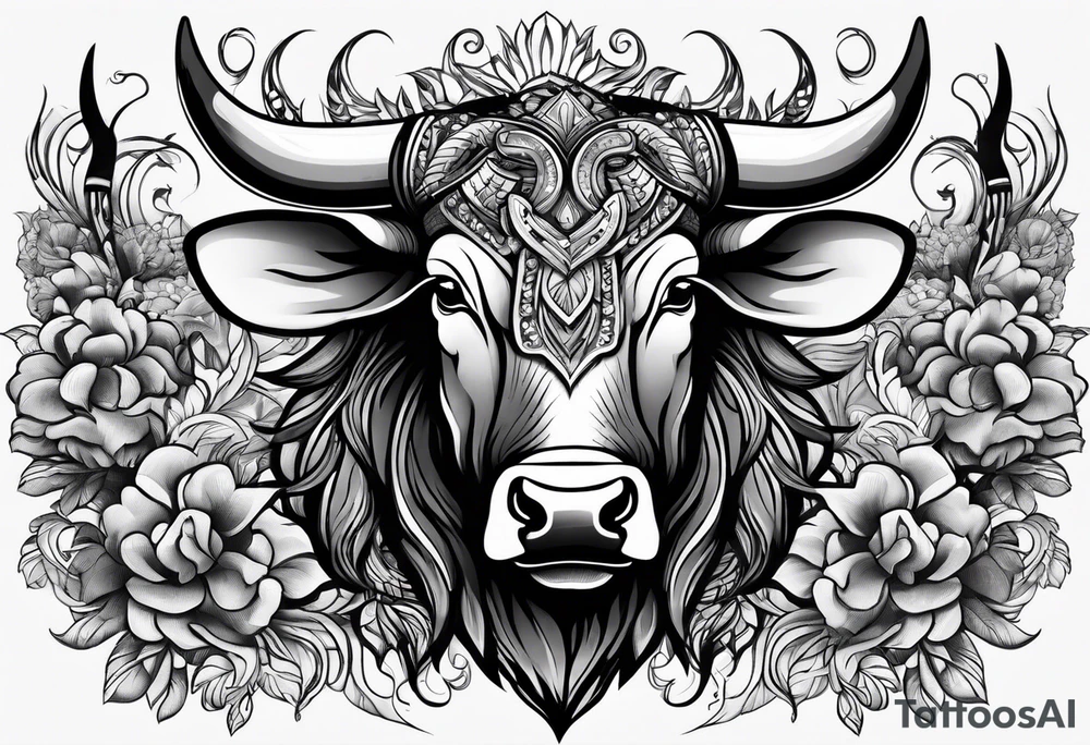 Large bull with horns busting through crowd of people tattoo idea