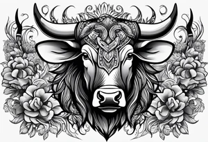 Large bull with horns busting through crowd of people tattoo idea