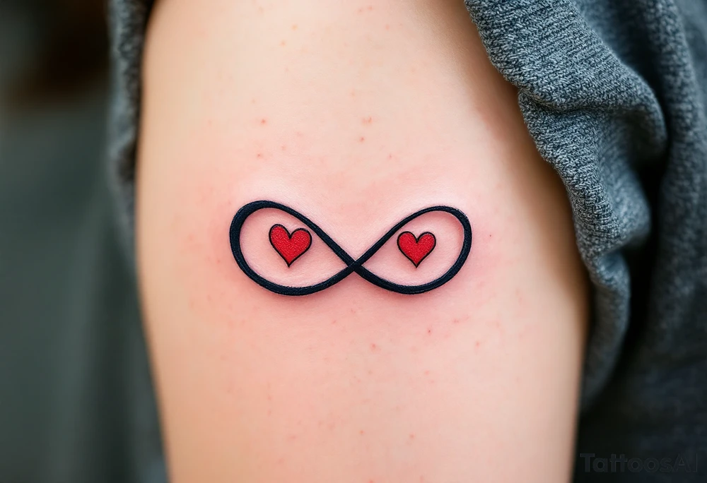 A bold black infinity sign entwined with two matching red hearts at each loop end. tattoo idea
