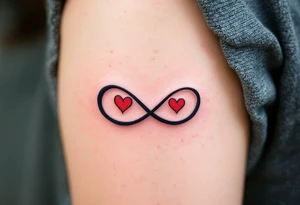 A bold black infinity sign entwined with two matching red hearts at each loop end. tattoo idea