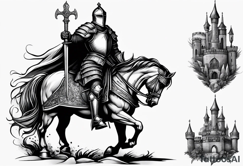knight with heavy armor  and castle tattoo idea
