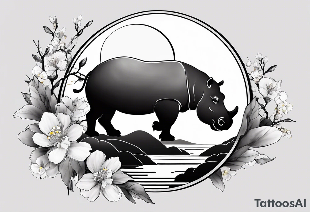 Asymmetrical, geometric, chinese ink art touch, hippo , full moon, wintersweet flower, light , modify from my favourite, ratio 9:16 tattoo idea