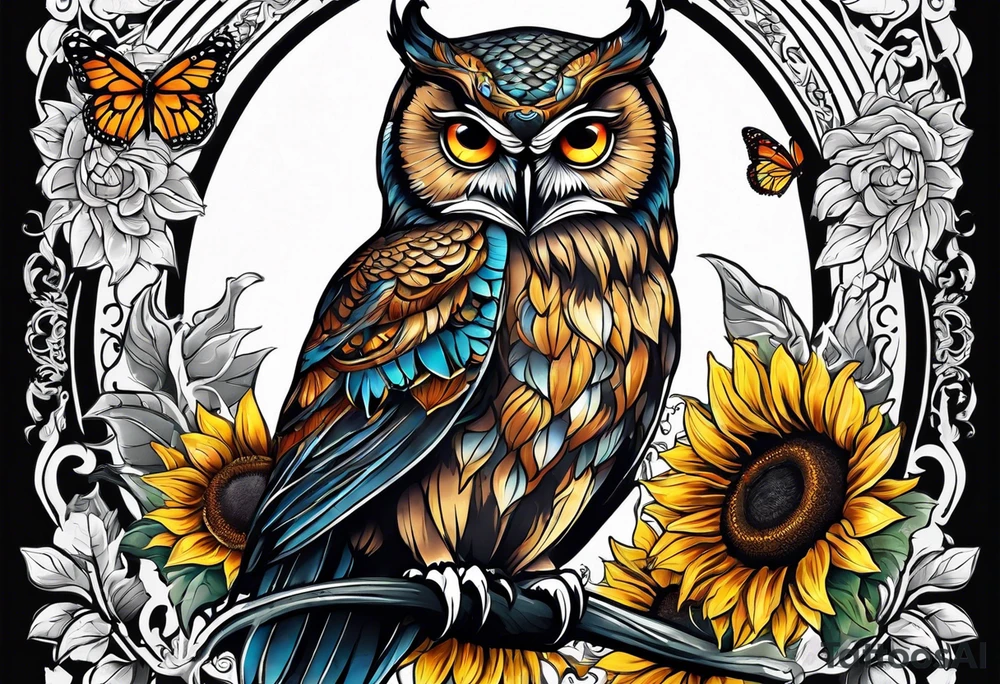 Arm sleeve with an owl surrounded by sunflowers with a butterfly on the sunflower tattoo idea