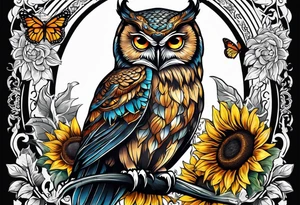 Arm sleeve with an owl surrounded by sunflowers with a butterfly on the sunflower tattoo idea