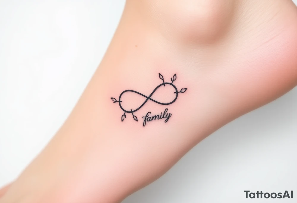 A delicate infinity symbol with intertwined vines, wrapped around the word "family," tattoo idea
