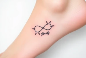 A delicate infinity symbol with intertwined vines, wrapped around the word "family," tattoo idea