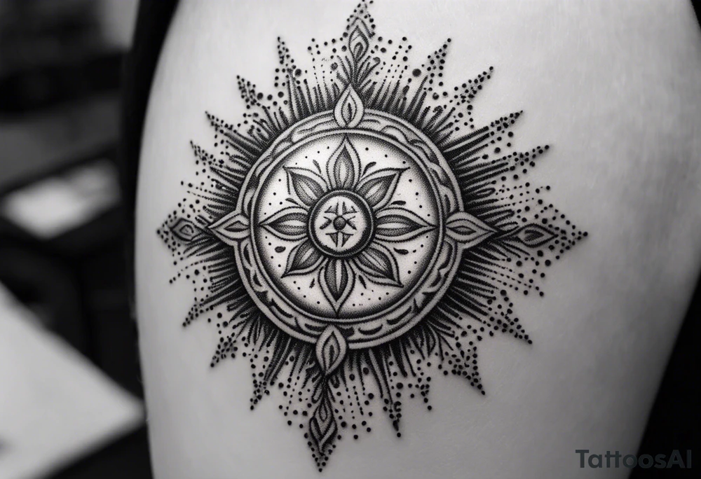 small, sun cross ,  elegant, 
 vishap tattoo idea