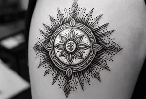 small, sun cross ,  elegant, 
 vishap tattoo idea