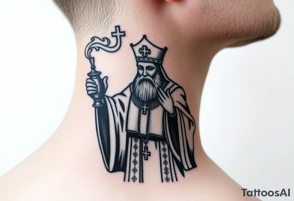 Russian Orthodox Priest in fully detailed vestment swinging a censer with smoke curling upward tattoo idea