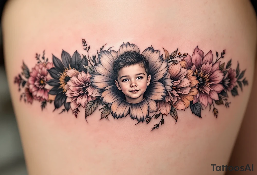 A row of birth flowers with the son’s portrait in the center, highlighted in full color, while others are shaded in black. tattoo idea
