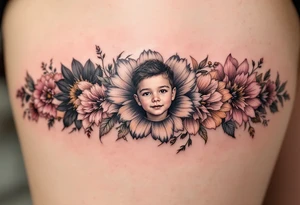 A row of birth flowers with the son’s portrait in the center, highlighted in full color, while others are shaded in black. tattoo idea