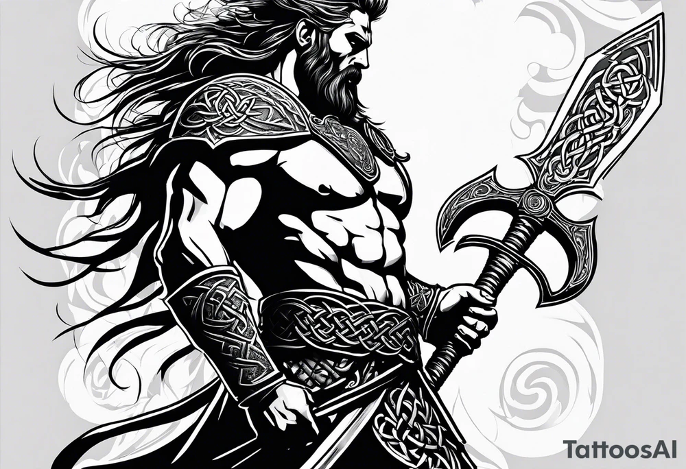 Full body side profile of
Celtic warrior with an axe in one hand and a sword in the other walking into battle tattoo idea