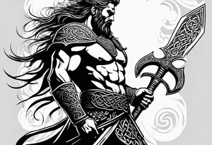 Full body side profile of
Celtic warrior with an axe in one hand and a sword in the other walking into battle tattoo idea